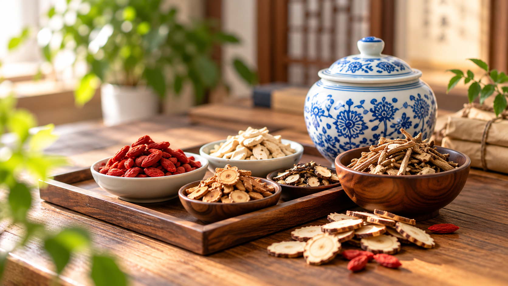 Hierbas medicinales chinas y recipiente de porcelana